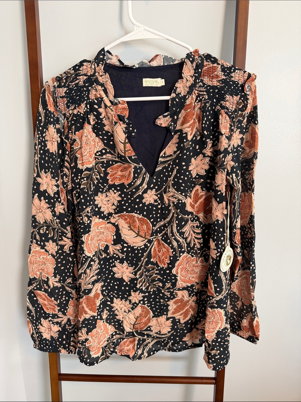 Spartina 449 Black Floral V-Neck Blouse with Pink Accents